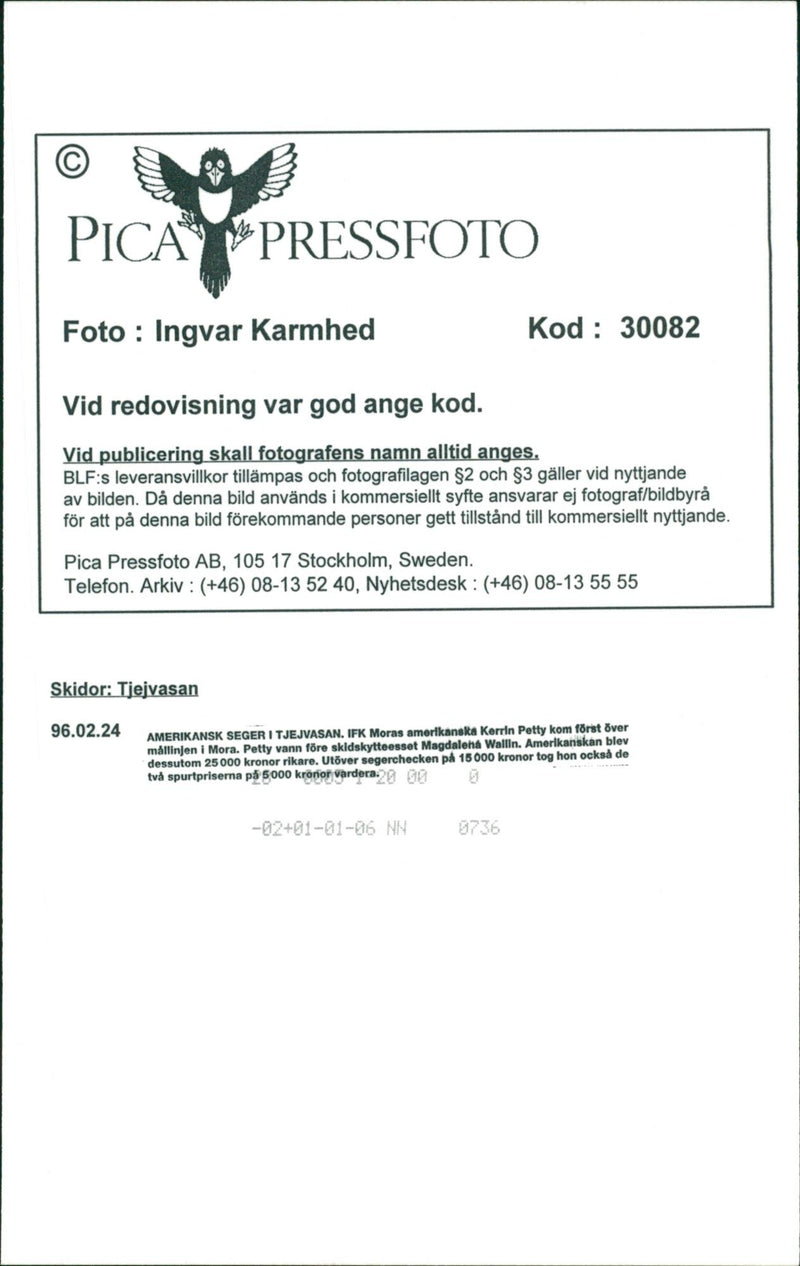 Vasaloppet 1996. Kerrin Petty winner in Tjejvasan - Vintage Photograph
