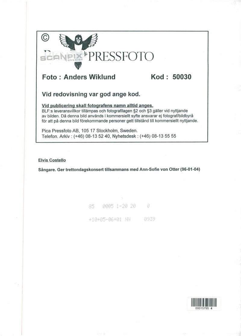 Elvis Costello gives a three-day concert together with Anne Sofie von Otter - Vintage Photograph