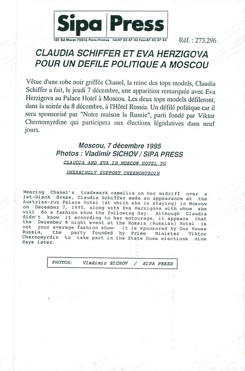 Claudia Schiffer at the Palace Hotel in Moscow - Vintage Photograph