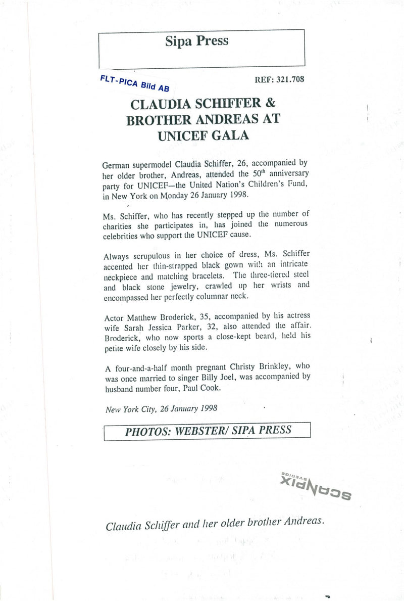 Claudia Schiffer and her brother Andreas at a gala in connection with UNICEFs 50th anniversary - Vintage Photograph