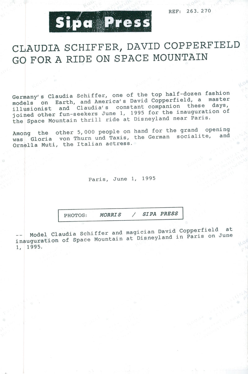 Claudia Schiffer and David Copperfield at the inauguration of the Space Mountain thrill ride in Disneyland near Paris - Vintage Photograph