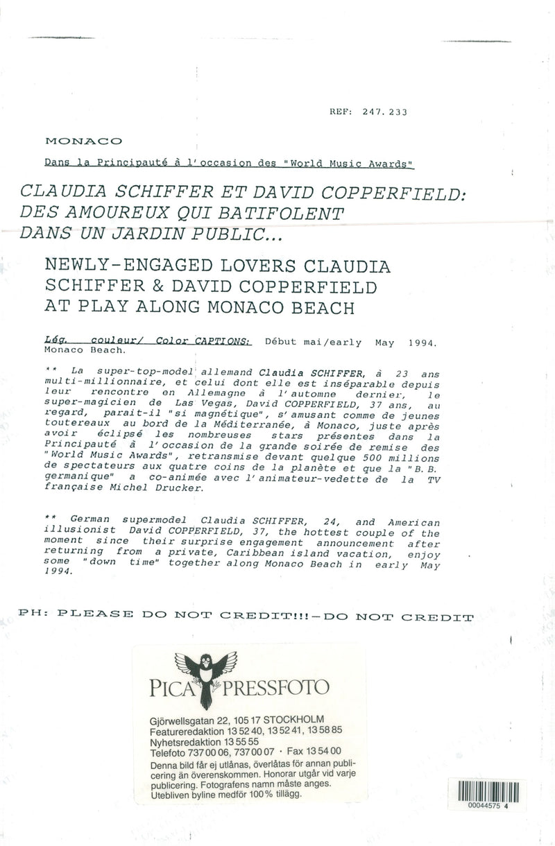The newly-announced couple David Copperfield and Claudia Schiffer in Monaco - Vintage Photograph