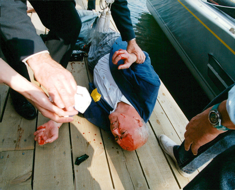 Carola baptizes the boat &quot;Intrum Justitia&quot; and a man gets bloody of the champagne bottle - Vintage Photograph