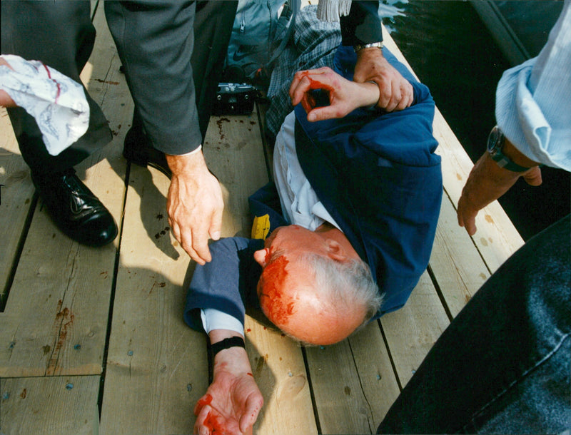 Carola baptizes the boat &quot;Intrum Justitia&quot; and a man gets bloody of the champagne bottle - Vintage Photograph