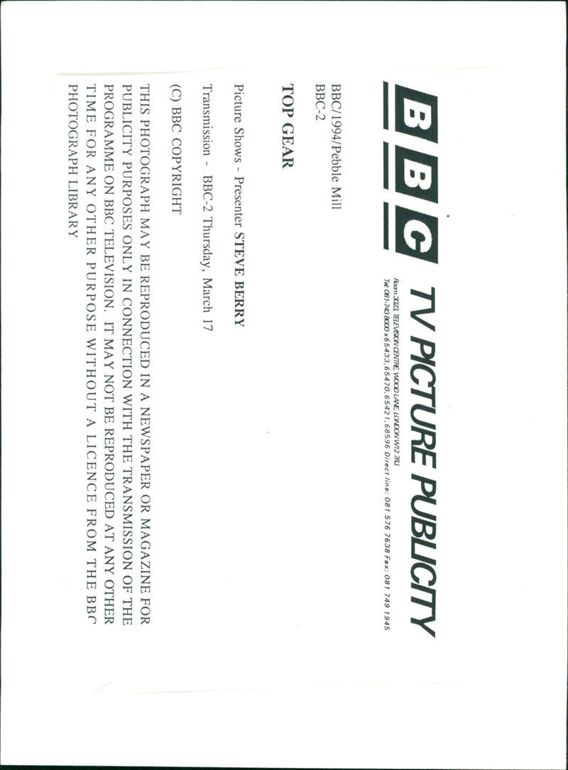 British TV series 'Top Gear ' presenter Steve Berry - Vintage Photograph