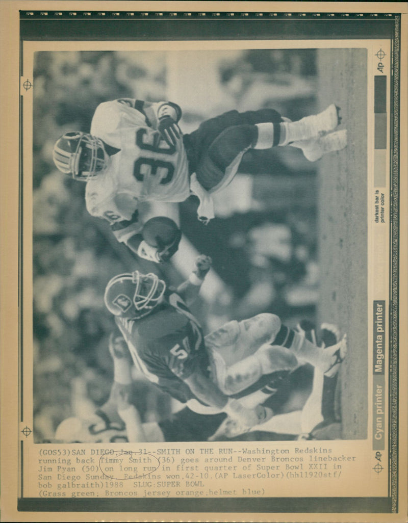 American Footballer, Washington Redkins Timmy Smith & Denver Broncos  Jim Ryan - Vintage Photograph