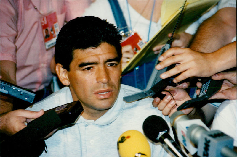 Diego Maradona is interviewed at a press conference at the Sheraton Park Central Hotel - Vintage Photograph