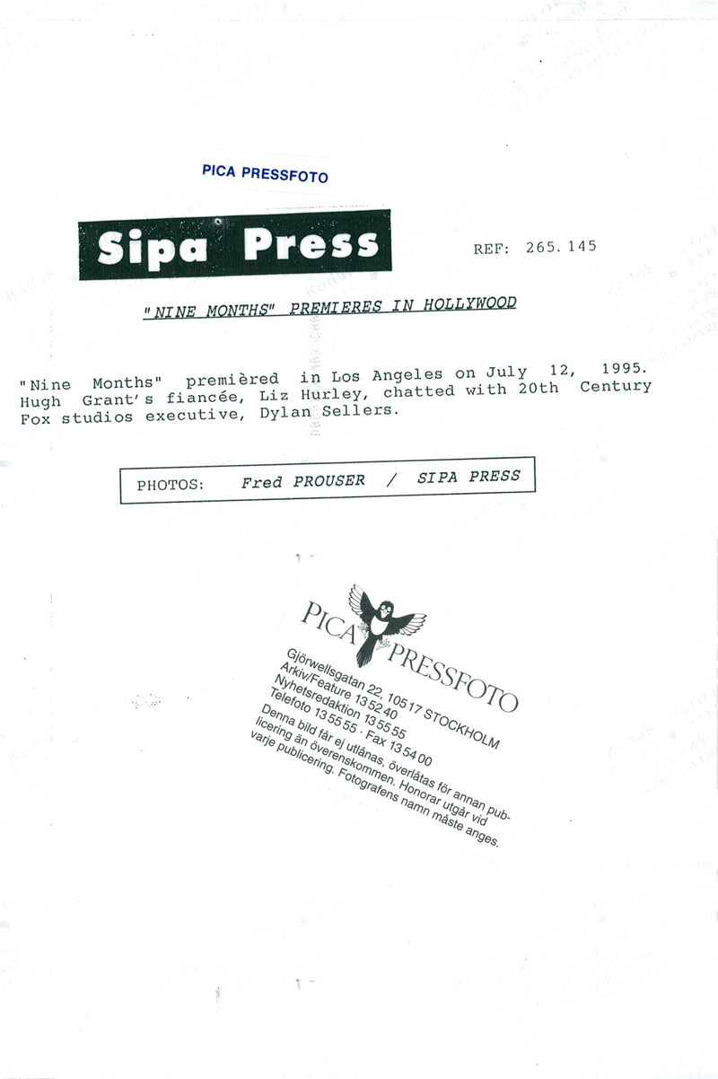 Elizabeth Hurley in concert with Dylan Sellers at the premiere of the movie "Nine Months" - Vintage Photograph