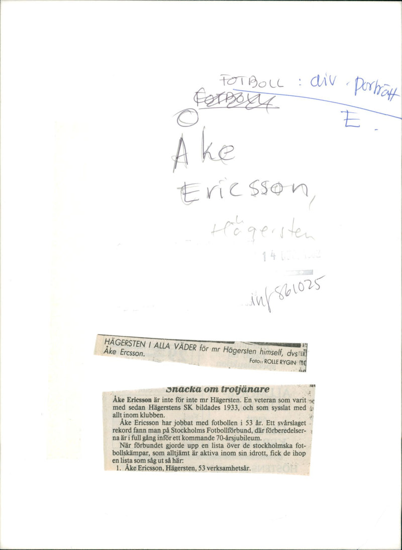 Ãke Ericsson "Mr. HÃ¤gersten", HÃ¤gersten SK - Vintage Photograph