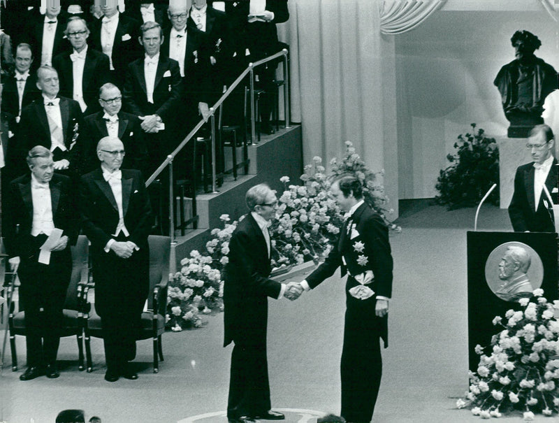 Albert Claude receives the Nobel Prize by King Carl XVI Gustaf in the Concert Hall - Vintage Photograph
