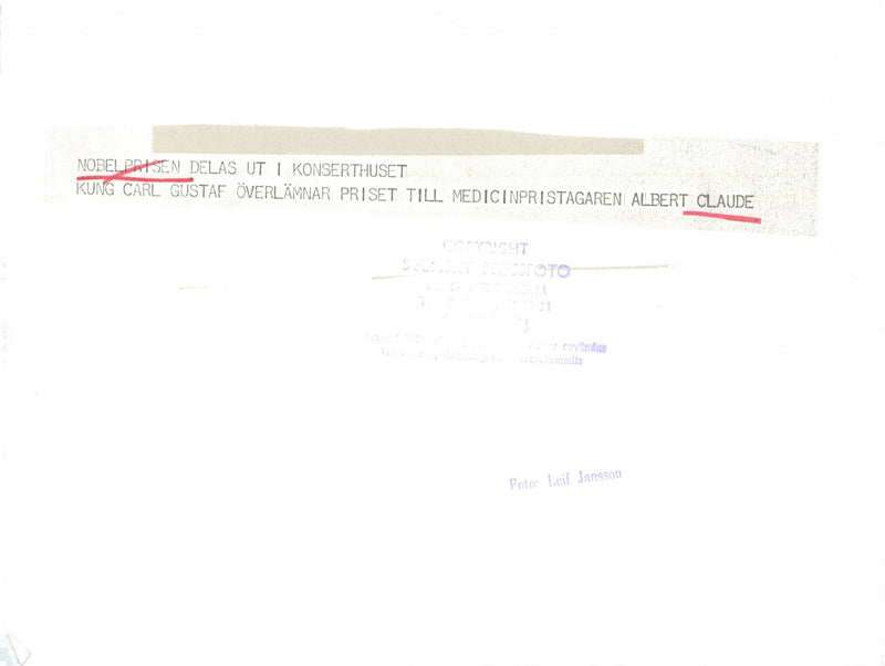 Albert Claude receives the Nobel Prize by King Carl XVI Gustaf in the Concert Hall - Vintage Photograph