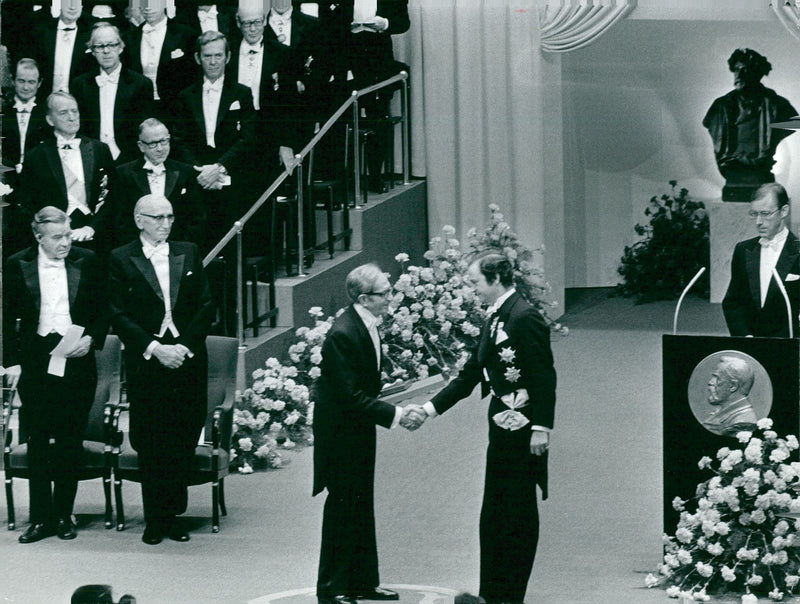 Albert Claude receives the Nobel Prize by King Carl XVI Gustaf in the Concert Hall - Vintage Photograph