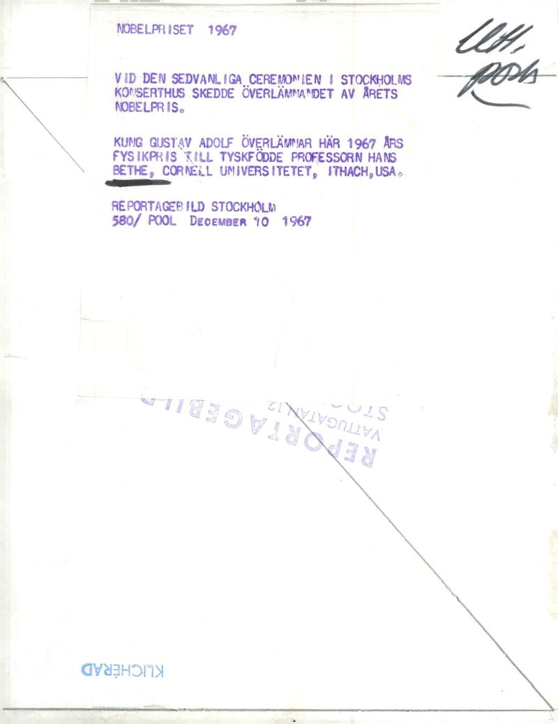 King Gustaf VI Adolf handed over the 1967 Physics Prize to Hans Bethe at the Stockholm Concert Hall ceremony - Vintage Photograph