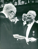 King Gustaf VI Adolf handed over the 1967 Physics Prize to Hans Bethe at the Stockholm Concert Hall ceremony - Vintage Photograph