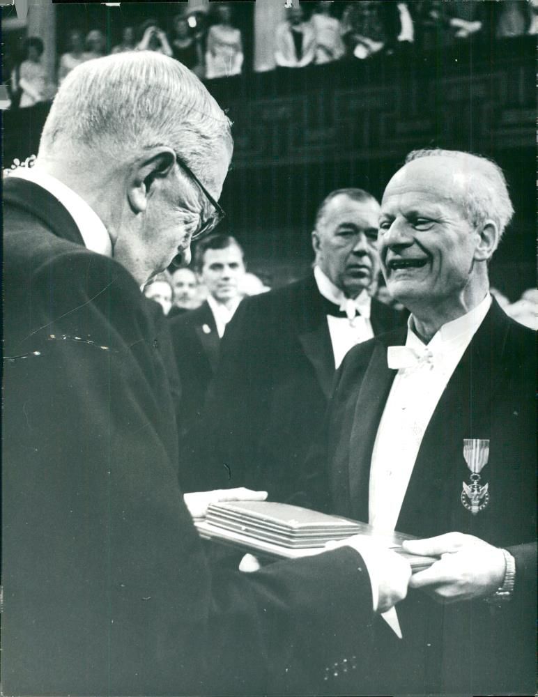 King Gustaf VI Adolf handed over the 1967 Physics Prize to Hans Bethe at the Stockholm Concert Hall ceremony - Vintage Photograph