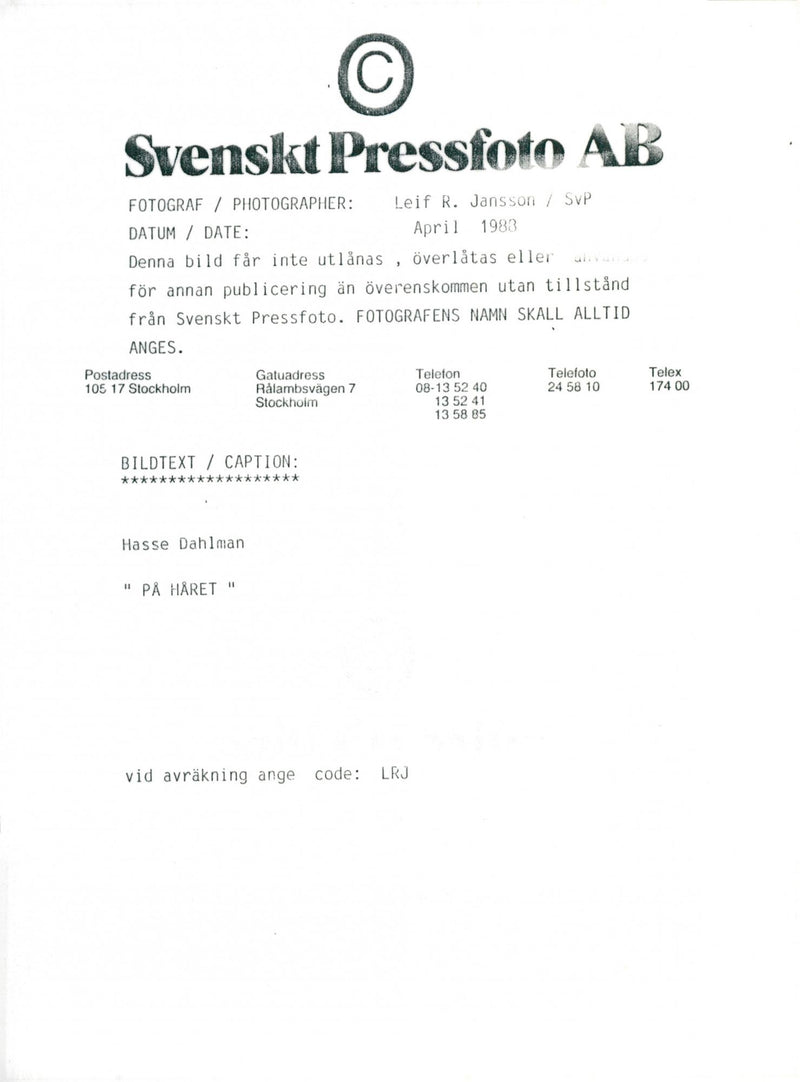 1983 TELEPHONE DISCLOSED IMAGE CAPTION UPON CODE PHOTOGA LEIF JANSSON SWEDEN - Vintage Photograph