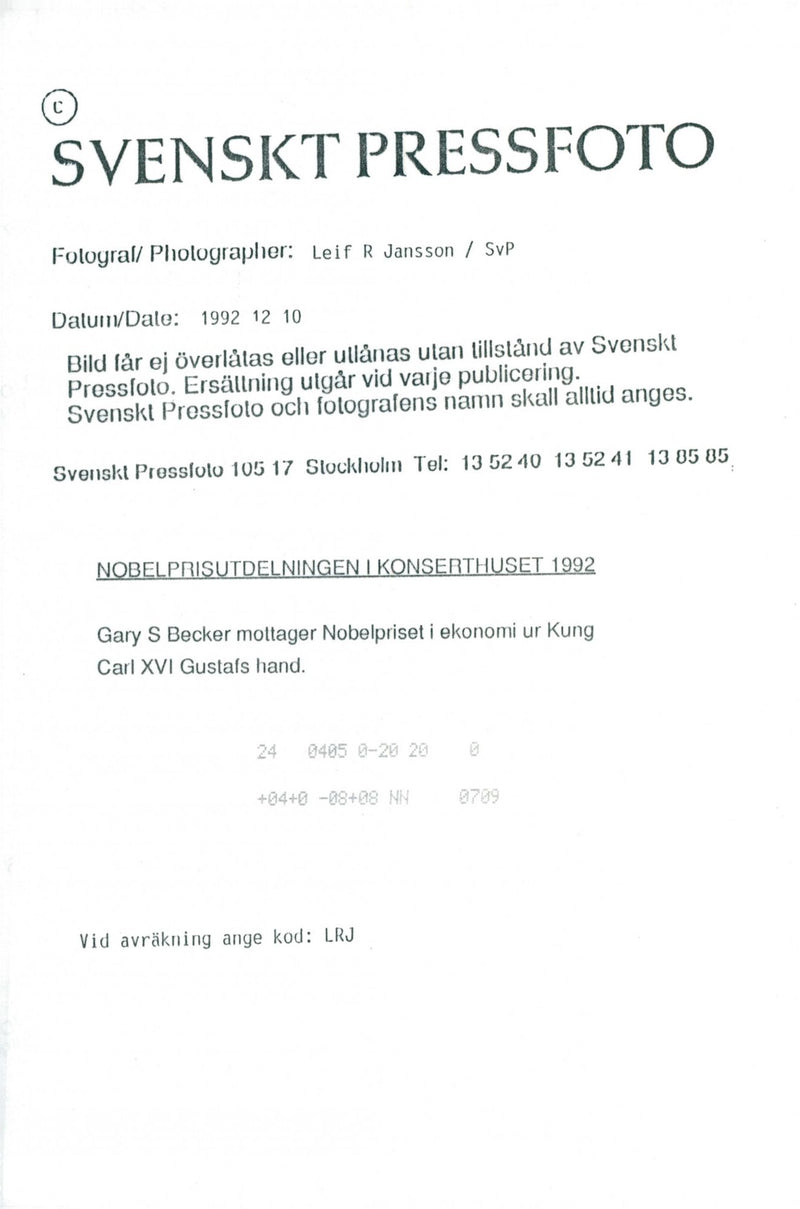 Gary Becker receives the Nobel Prize by King Carl XVI Gustaf in the Concert Hall - Vintage Photograph