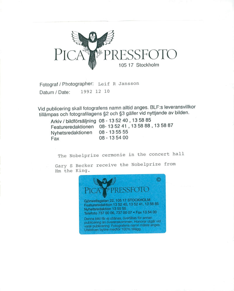 Gary Becker receives the Nobel Prize by King Carl XVI Gustaf in the Concert Hall - Vintage Photograph